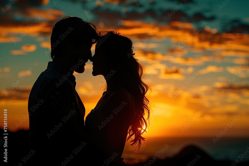 Silhouette of Man and Woman in Front of Sunset