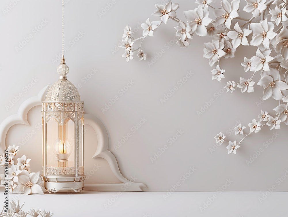 Obraz premium Ramadhan and Eid greeting card with 3D decoration of traditional Arabic lamps and flowers.