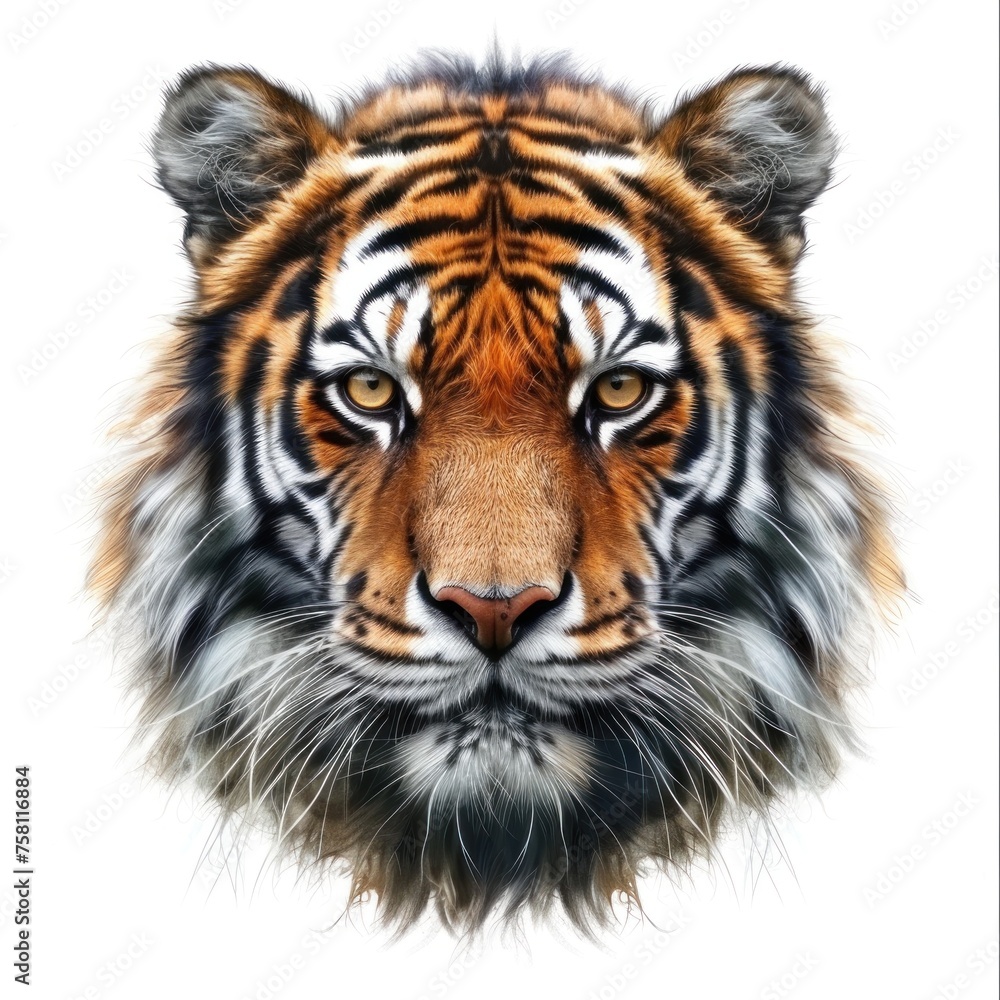 Fototapeta premium A tiger's face is shown in a close up. The tiger has a long, bushy mane and a large, yellow eye. The tiger's face is the main focus of the image