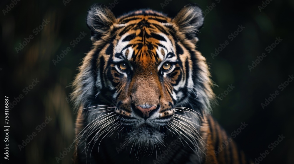 A tiger is staring at the camera with its mouth open. The tiger is in a dark forest, and the camera is focused on its face. Scene is intense and mysterious