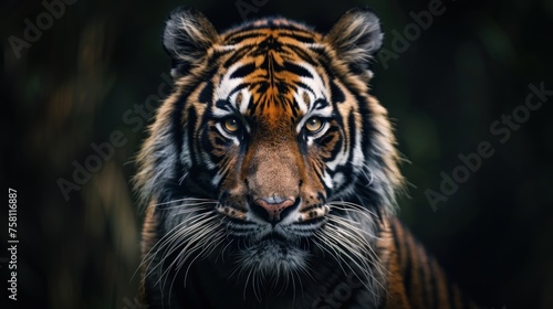 A tiger is staring at the camera with its mouth open. The tiger is in a dark forest, and the camera is focused on its face. Scene is intense and mysterious