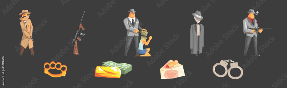 Obraz premium Gangster and Mafia Man Character with Gun Vector Set