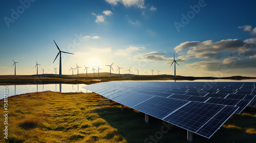 Windmills and Solar cell panels, photovoltaic, alternative electricity source, concept of sustainable resources.