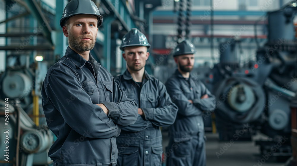 Cutting-Edge Machinery Engineer: Inside View of Factory with Employees in Dark Gray Overalls and Helmets