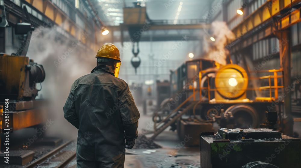 Cutting-Edge Machinery Engineer: Inside View of Factory with Employees in Dark Gray Overalls and Helmets Cutting-Edge Machinery Engineer: Inside View of Factory with Employees in Dark Gray Overalls and Helmets