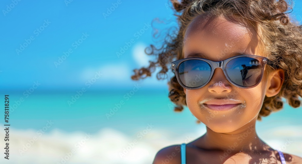 Close up portrait of Afro American child having fun on the beach during vacation time Close up portrait of Afro American child having fun on the beach during vacation time