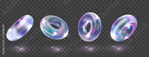 Crystalline reflective glass torus In holographic futuristic style. Glossy iridescent geometric shapes. Crystal glass element. Overlay dispersion light