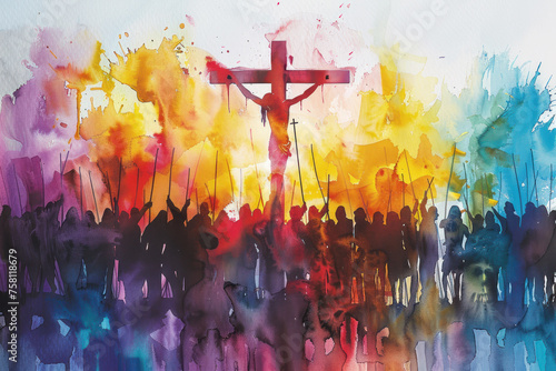Jesus Christ on cross surrounded by crowd people, colorful watercolor