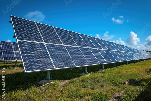 Row of Solar Panels on Lush Green Field