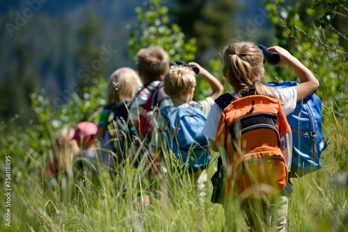 Group of Kids on Nature Hike with Binoculars and Backpacks, Exploring Wildlife in Forest Setting, Guided by Instructor, Embracing the Adventure Concept © Exotic Escape