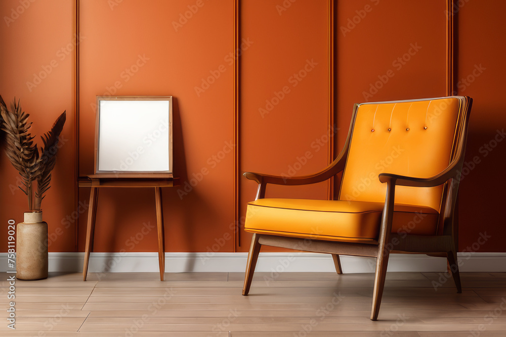 Obraz premium Classic orange armchair near paneling wall with empty white poster frame with copy space, Home interior design of mid century living room.