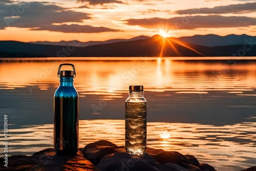 Reusable water bottle in sunset light against lake backdrop. Eco-friendly lifestyle.