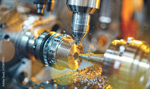 drilling machine in a factory, close up view of an industrial tool production