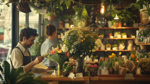 A shop worker tends to a variety of potted plants and cut flowers in a well-organized local flower shop photo