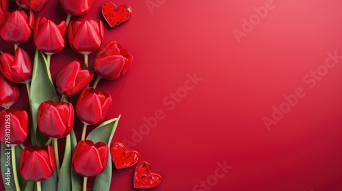 Red tulips with fresh green leaves on a red background. Beautiful background for a holiday, Valentine's day, women's day. An empty space for the text.