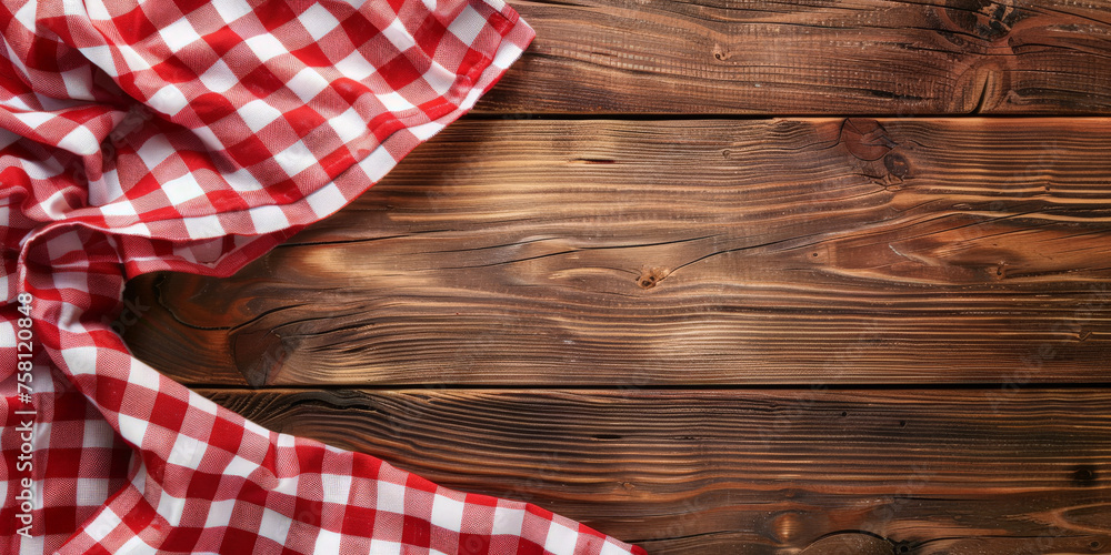 A red and white checkered tablecloth lies on a wooden background with copy space, banner