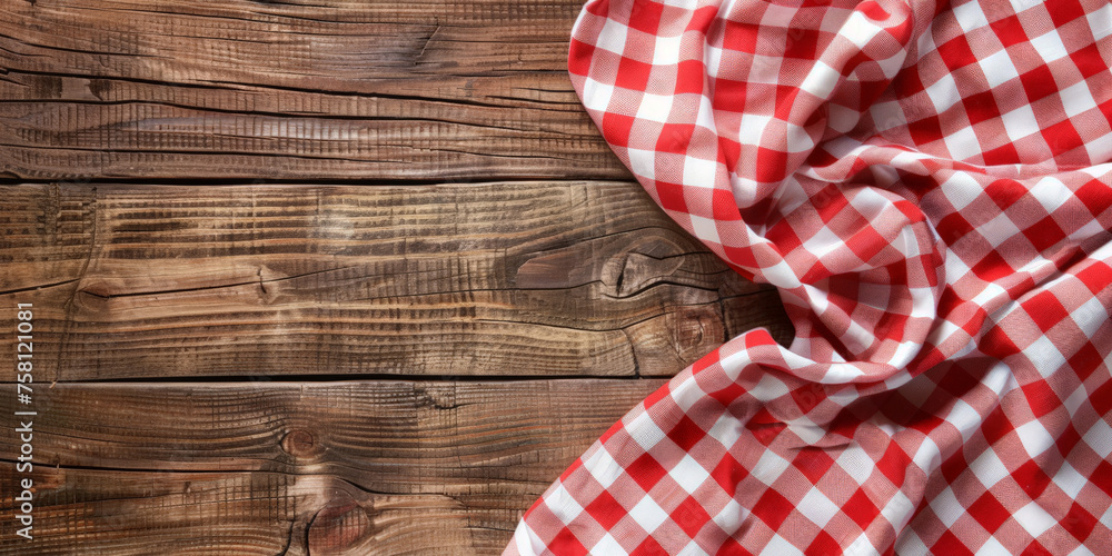 A red and white checkered tablecloth lies on a wooden background with copy space, banner A red and white checkered tablecloth lies on a wooden background with copy space, banner