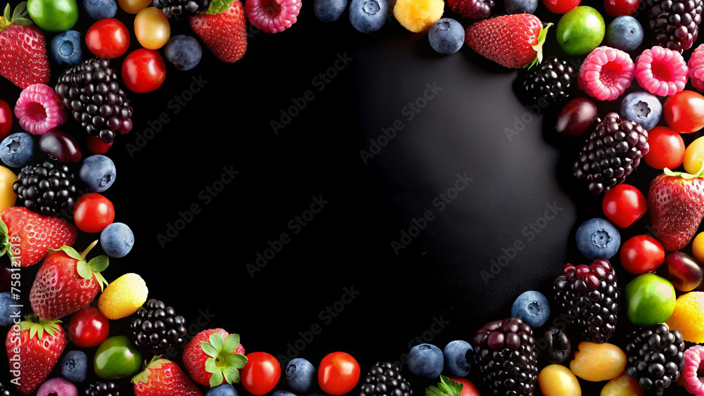 Assorted Fresh Berries and Fruits Frame on Black Background. Free space for text, description, headline, advertised product or cosmetics
Assorted Fresh Berries and Fruits Frame on Black Background. Free space for text, description, headline, advertised product or cosmetics