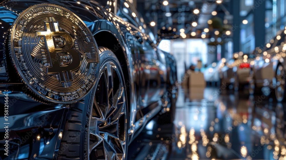 Bitcoin Cryptocurrency Showcased on a Vibrant, Gleaming Luxury Car in a High-Definition Digital Art Display