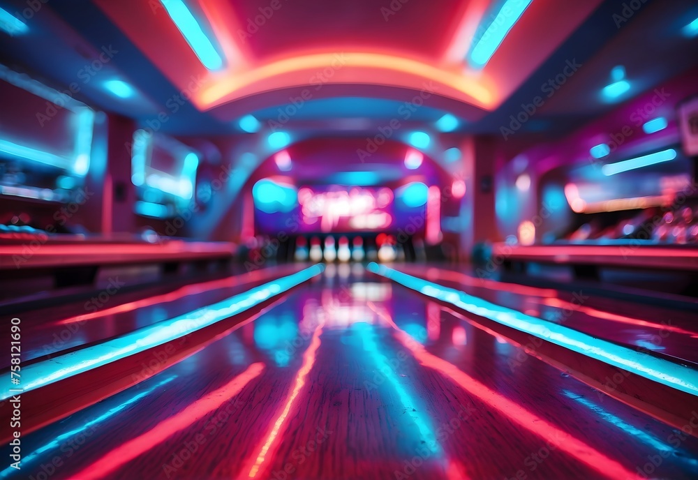 Blurred image of a neon-lit bowling alley, generative AI Blurred image of a neon-lit bowling alley, generative AI
