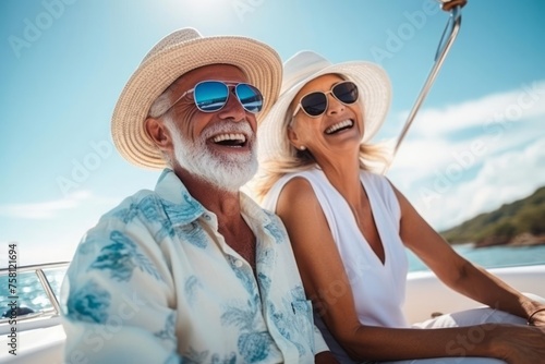 Laughing happy elderly couple on boat traveling in retirement. Elderly man and woman on a yacht for relaxation, adventure, luxury and cruise.