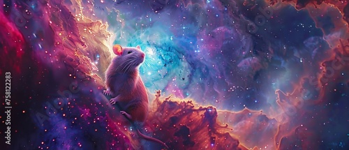 A playful pop art interpretation of a rat in a cosmic galaxy setting