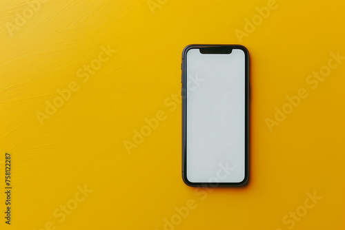 Mockup smartphone with a blank white screen on minimalist plain yellow background for product photography with just one object as the highlight, banner, advertising photo