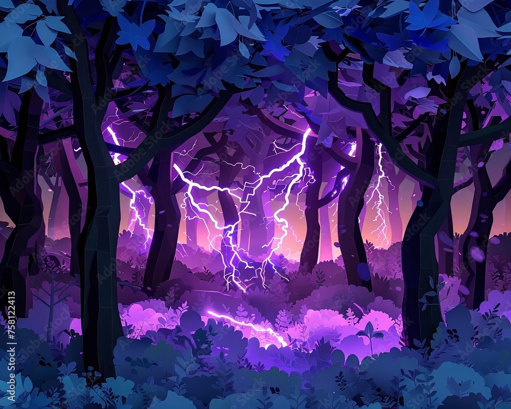 Fototapeta premium Bold pop art rendition of a forest scene with striking purple lightning in 3D form