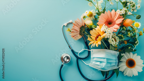 Flat lay composition with stethoscope, flower and mask on color background ,Doctors day card with stethoscope and pink and yellow ,white ,orange roses

