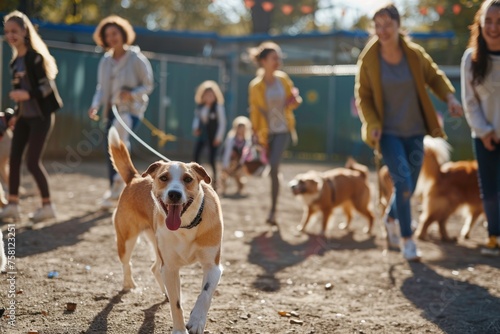 A dog is walking in a park with a group of people