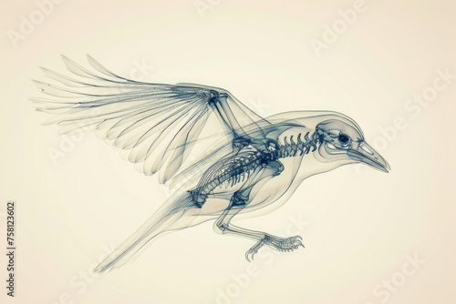 A bird skeleton is shown in a black and white drawing