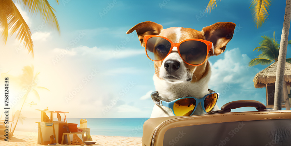 dog on the beach.A stylish dog wearing sunglasses looking out of window