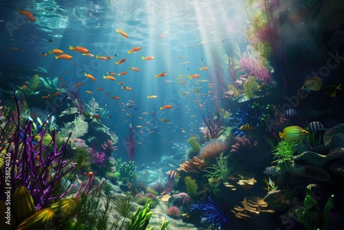 A colorful underwater scene with many fish swimming in the water © Moon Story
