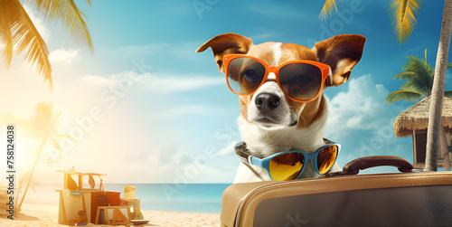 dog on the beach.A stylish dog wearing sunglasses looking out of window © Zeee