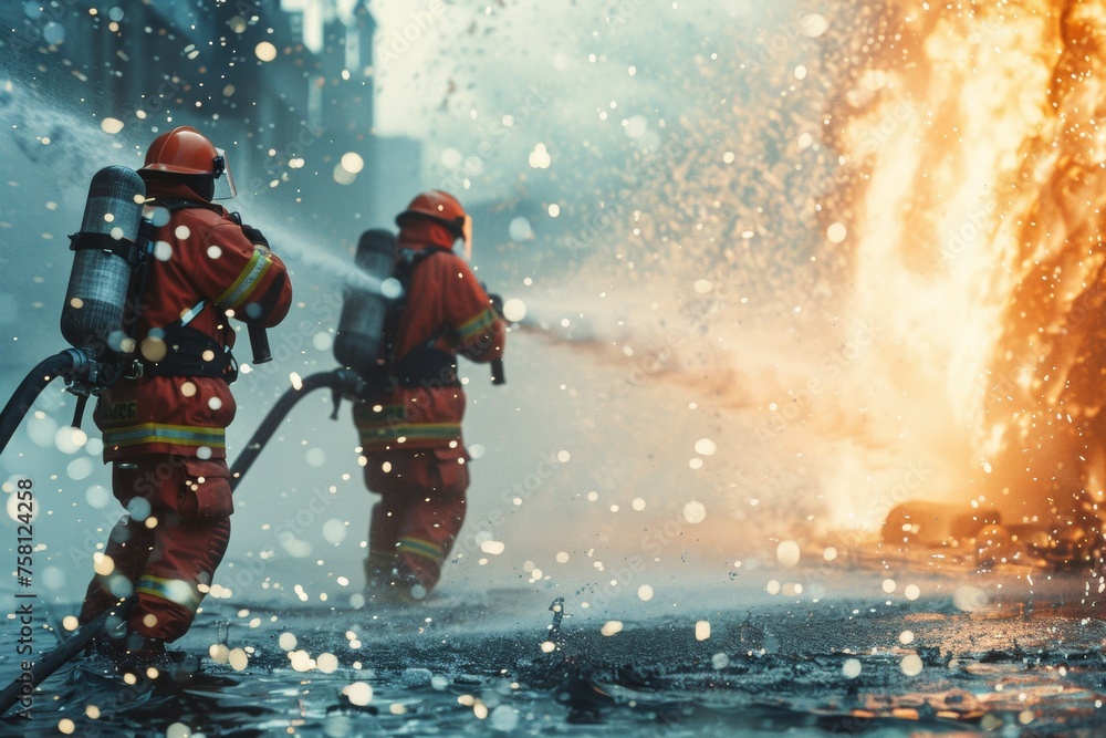 firefighters putting out a fire Generative AI - obrazy, fototapety, plakaty 
