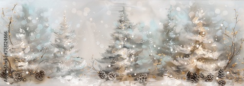 Festive Holiday Decorations for Christmas Cards and Seasonal Marketing, winter trees with lights and pine cones