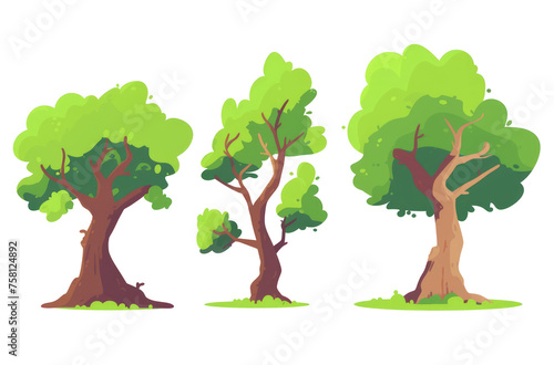 isolated cute three oak trees  minimalistic bright colors icons  vector flat illustrations without gradients on transparent background
