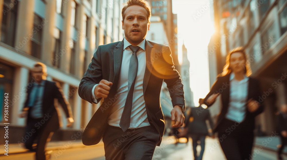 Businessman and businesswoman in a hurry and running on the street