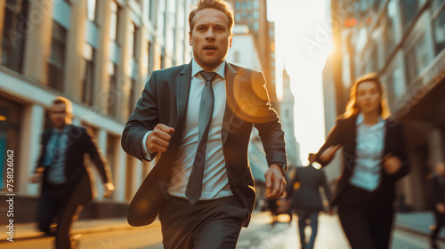 Businessman and businesswoman in a hurry and running on the street