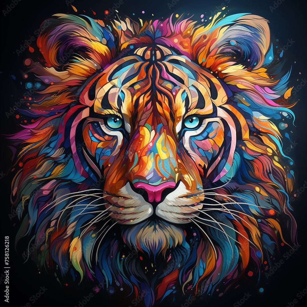 Vivid tiger head showcasing its rainbow essence and fiery stripes