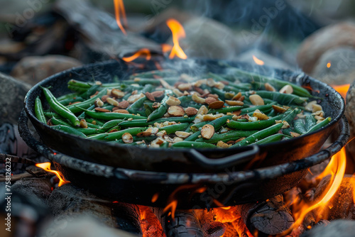 Steaming hot pan filled with green snap beans and almonds cooking on a campfire