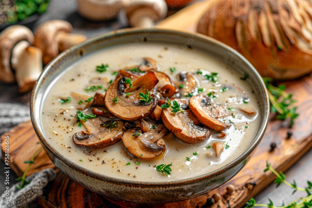 Savory and warm creamy mushroom soup garnished with herbs Savory and warm creamy mushroom soup garnished with herbs