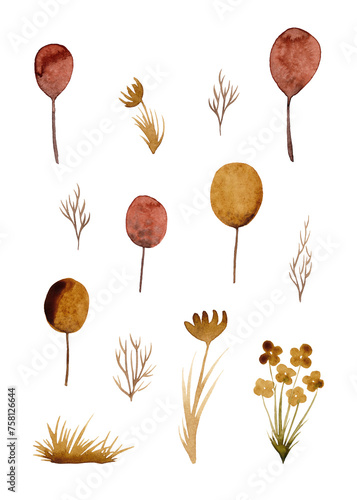 Large set of twigs and flowers. The arrival of spring. Isolated watercolor illustrations