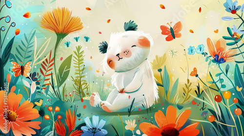 Digital art of a serene white cat enjoying the peace of a lush, colorful flower meadow with butterflies.