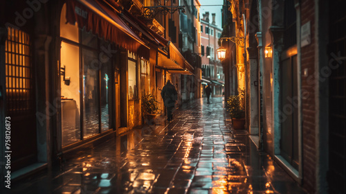 Wet ground narrow Asian street in the sunset