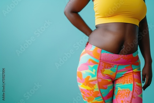 Cropped view of a chubby woman's torso in colorful fitness wear, highlighting movement and body confidence