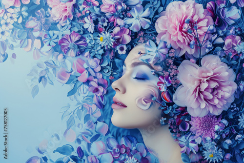 Surreal portrait of woman with her face peacefully merged into vibrant floral arrangement, evoking sense of harmony with nature. concept of femininity, beauty, flowers © Truprint