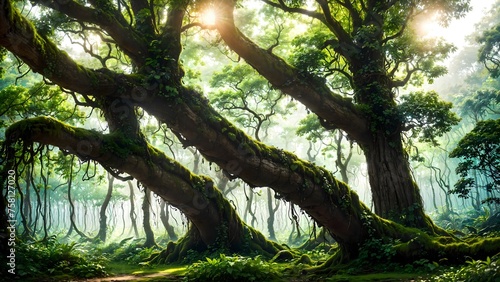 Beautiful sunny morning in green forest