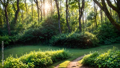 Beautiful sunny morning in green forest