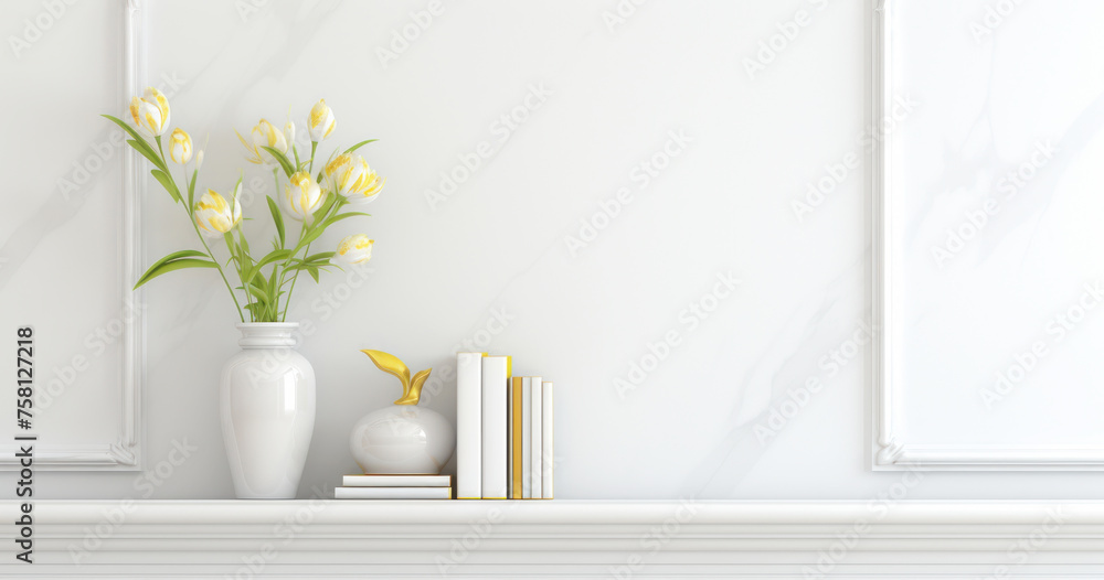 white vase with flowers on a marble stone wall. - obrazy, fototapety, plakaty 